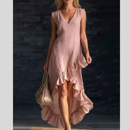 Full Size V-Neck Ruffle Hem High-Low Dress Plus Size