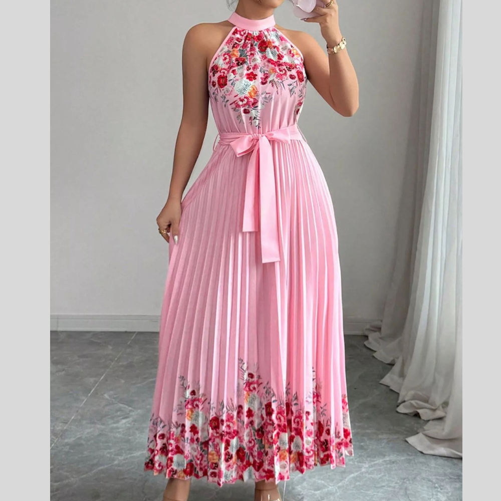 Halter Neck Floral Print Pleated Maxi Dress