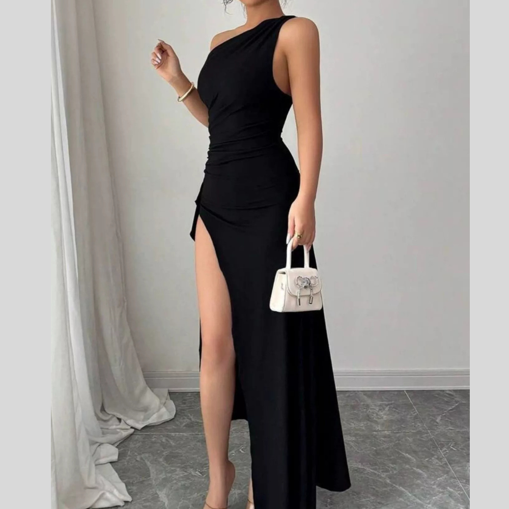One-Shoulder Ruched High-Slit Maxi Dress