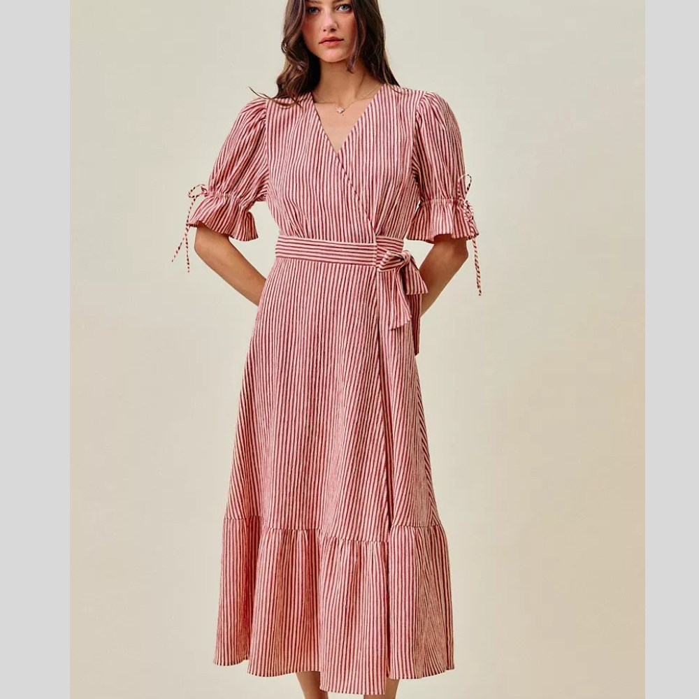 Stripe Textured Short Sleeves Lined Wrap Midi Dress