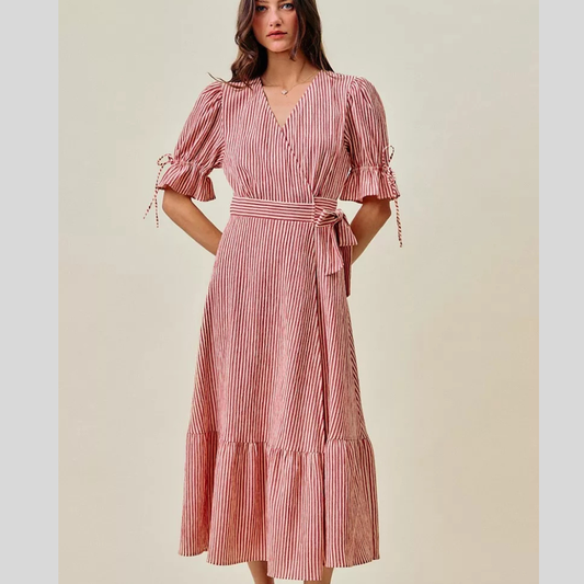 Stripe Textured Short Sleeves Lined Wrap Midi Dress