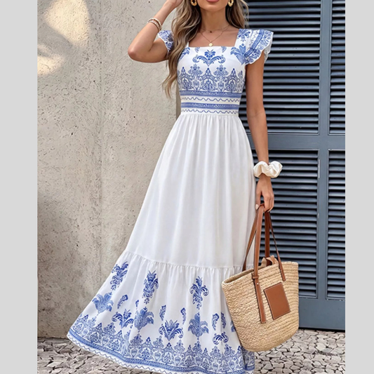 Printed Square Neck Casual Maxi Dress
