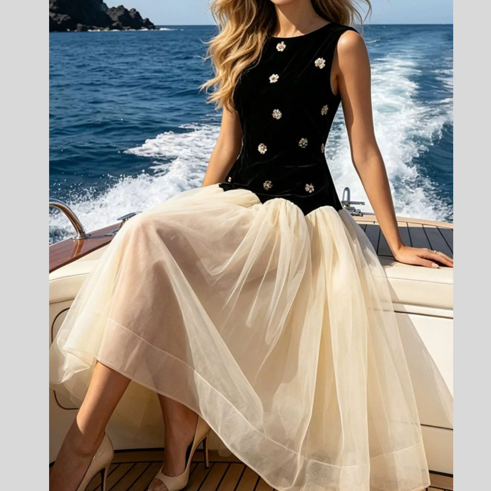Contrast Flower Sleeveless Tulle Maxi Dress