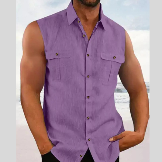 Men's Full Size Sleeveless Button-Up Shirt with Chest Pockets Plus Size