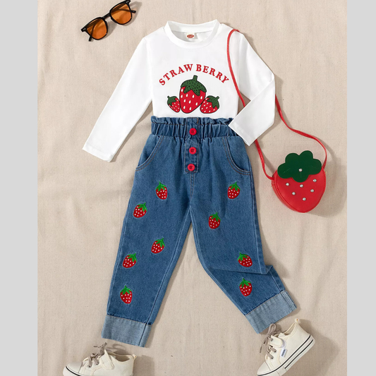 Children's Strawberry Long Sleeve Top and Jeans Set
