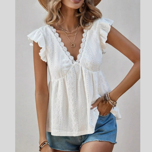 Ruffle Sleeve V-Neck Blouse