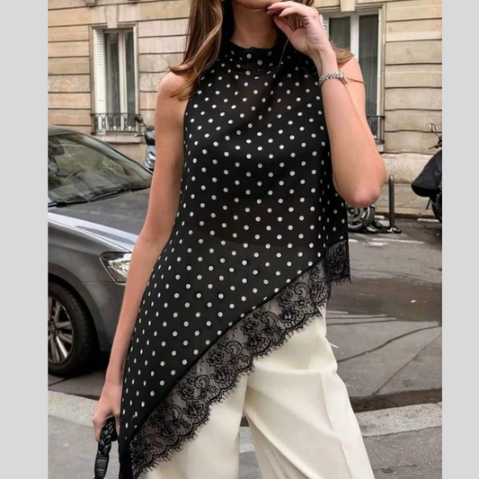 Polka Dot Lace Trim Asymmetrical Hem Sleeveless Blouse