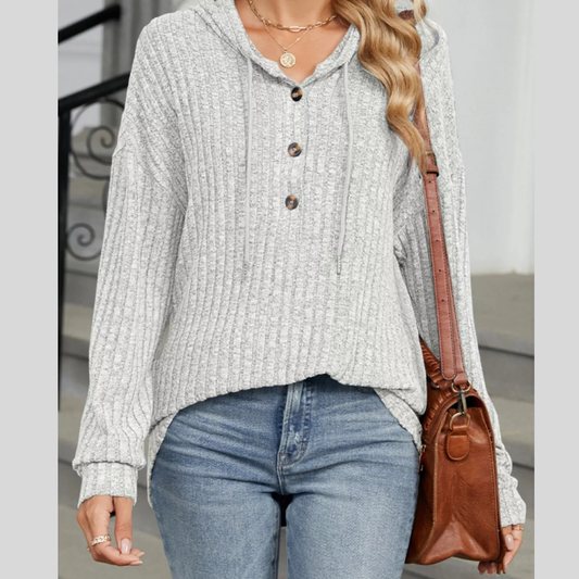 Ribbed Knit Drawstring Long Sleeve Hoodie