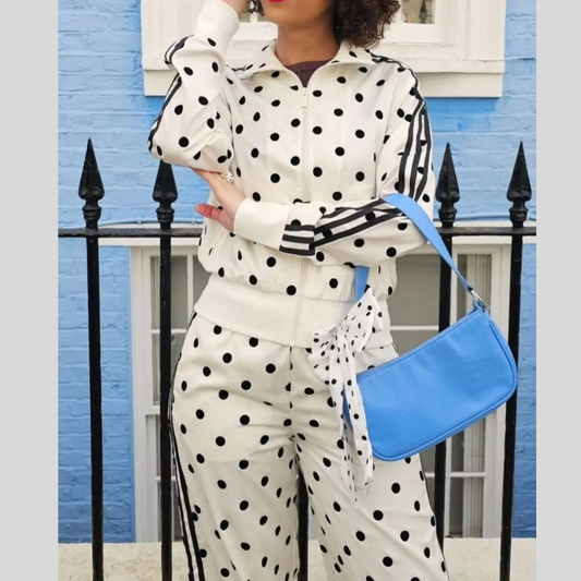 Polka Dot Zip Up Outerwear and Pants Set