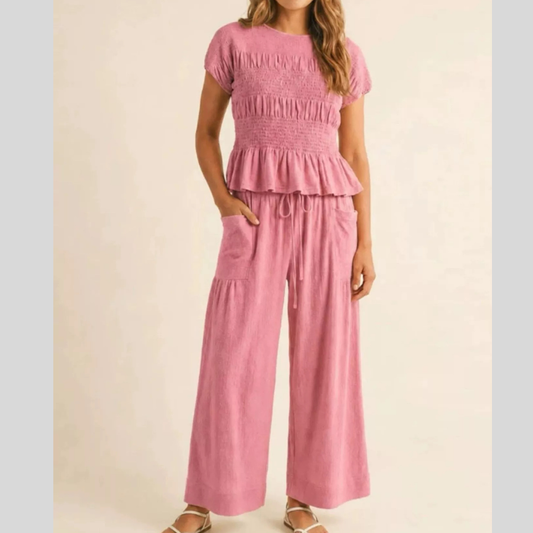 Smocked Peplum Top and Wide-Leg Pants Set