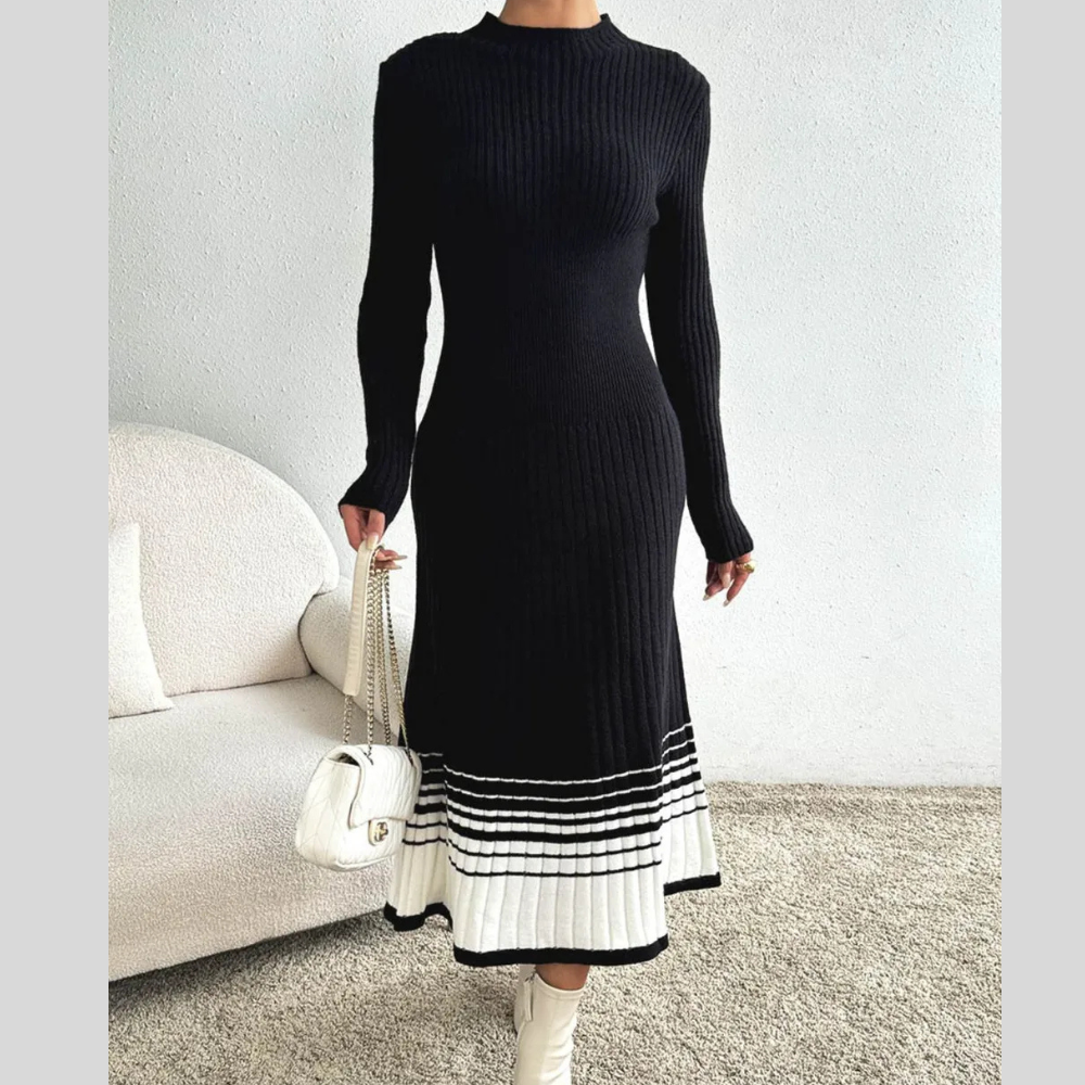Contrast Mock Neck Long Sleeve Sweater Dress