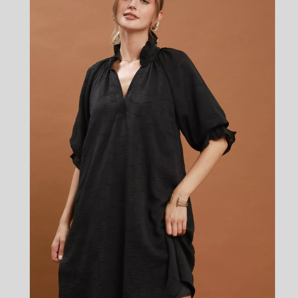 Umgee Floral Textured Jacqaurd V-Neck Dress
