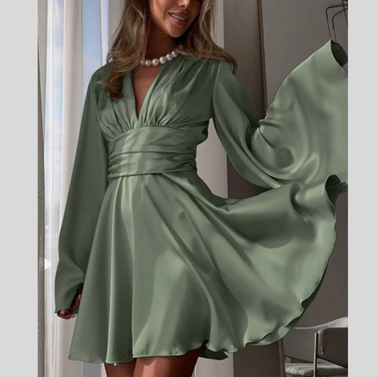 V-Neck Satin Mini Dress with Flowy Sleeves