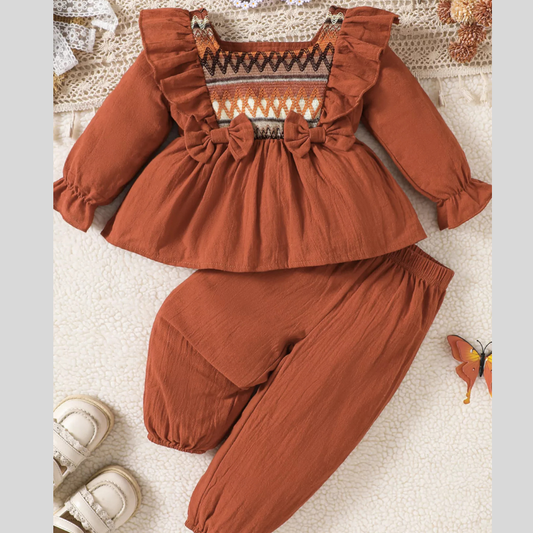Children's Bow Long Sleeve Blouse and Pants Set