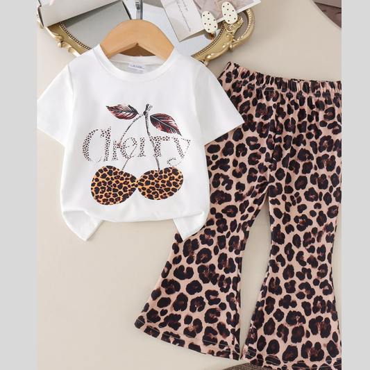 Children's Cherry Leopard Tee and Flare Pants Set