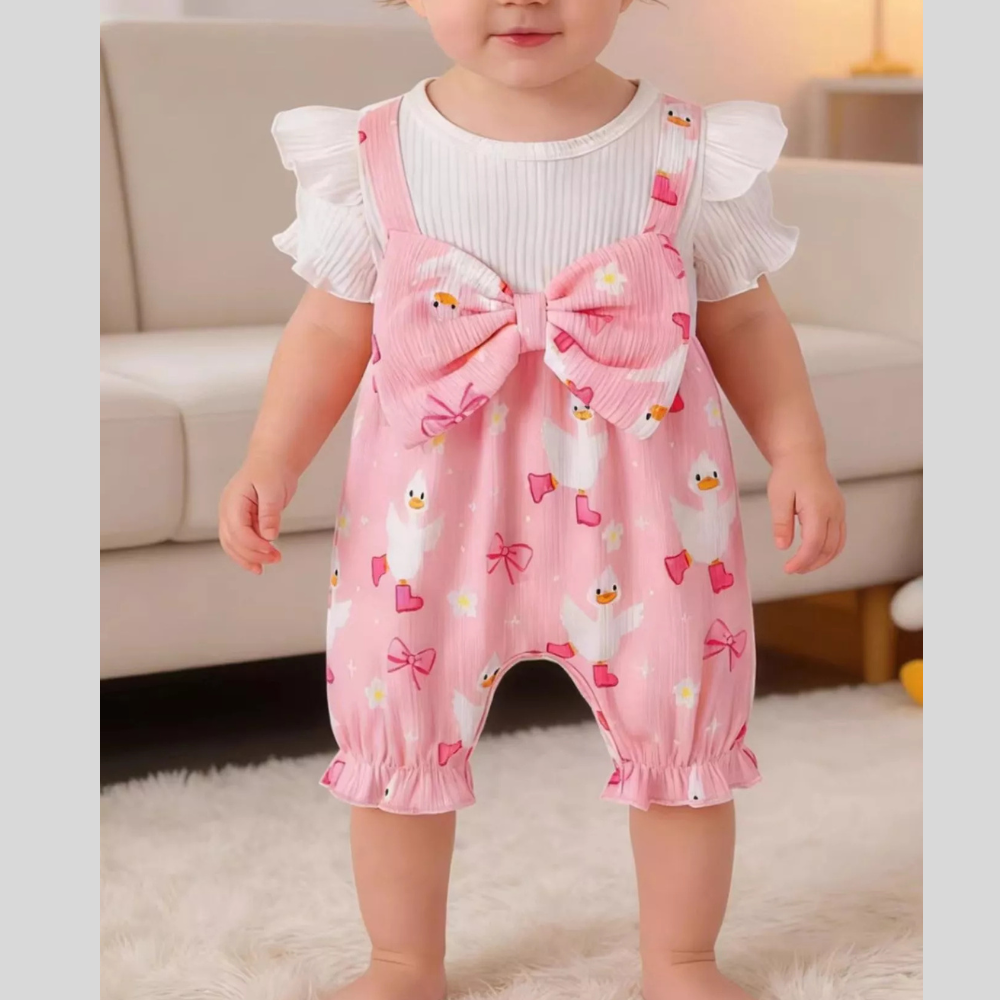 Children's Bow Duck Print Romper with Headband