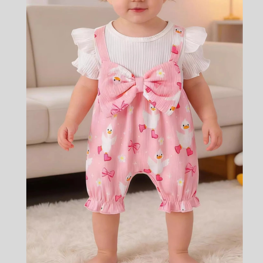 Children's Bow Duck Print Romper with Headband