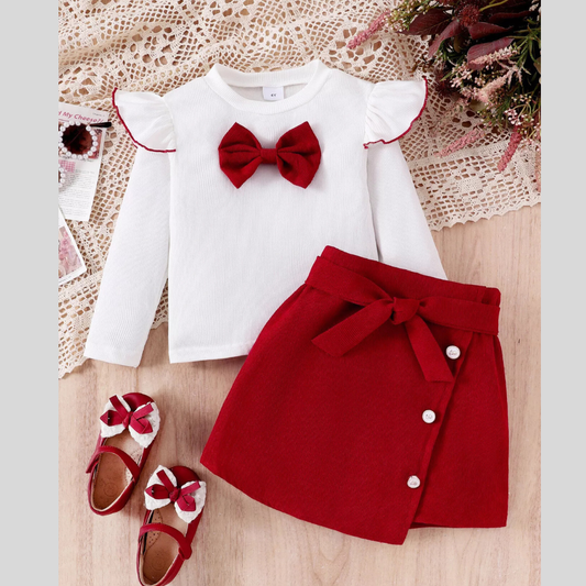 Children's Bow Long Sleeve Top and Skirt Set