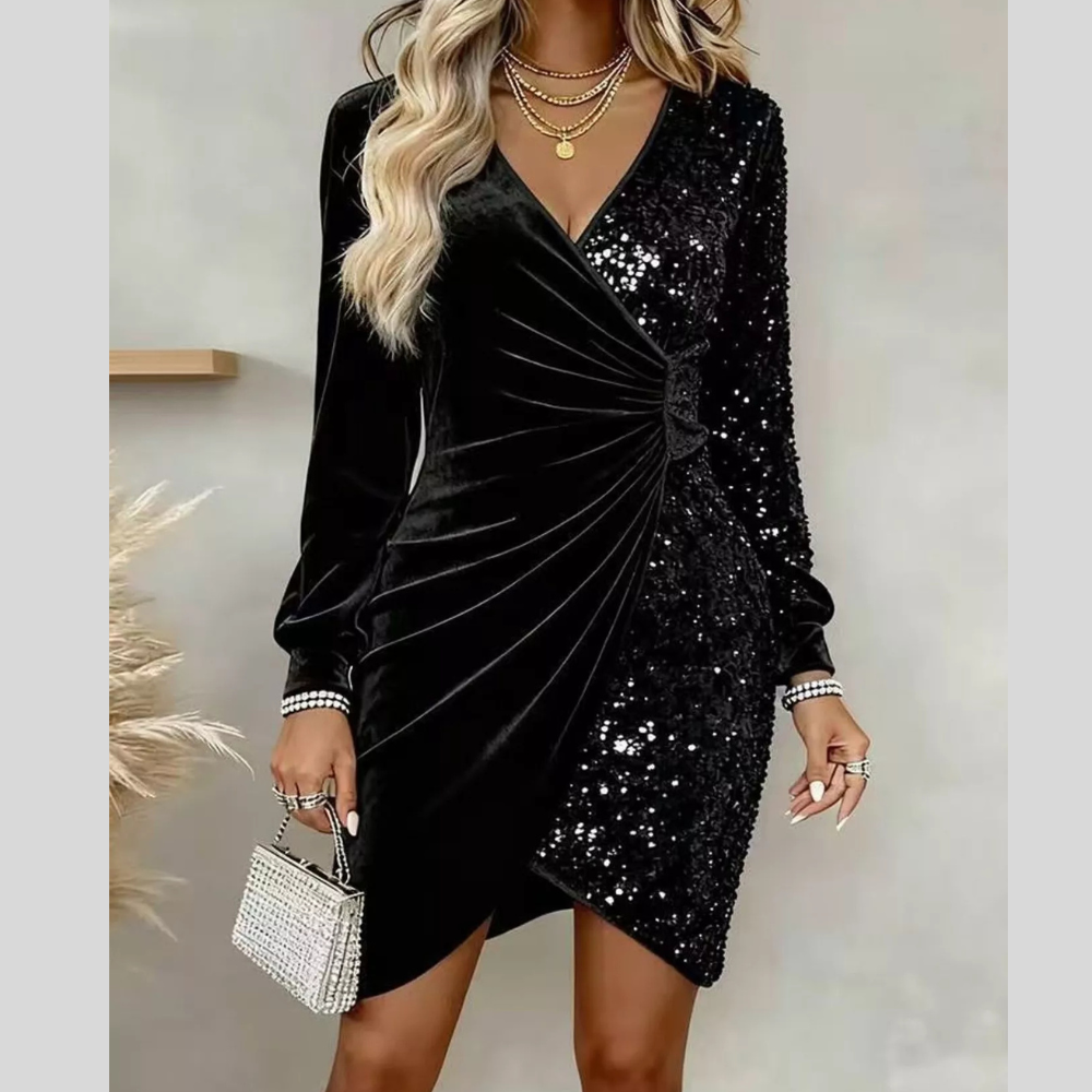 Velvet Sequin Long Sleeve Wrap Dress