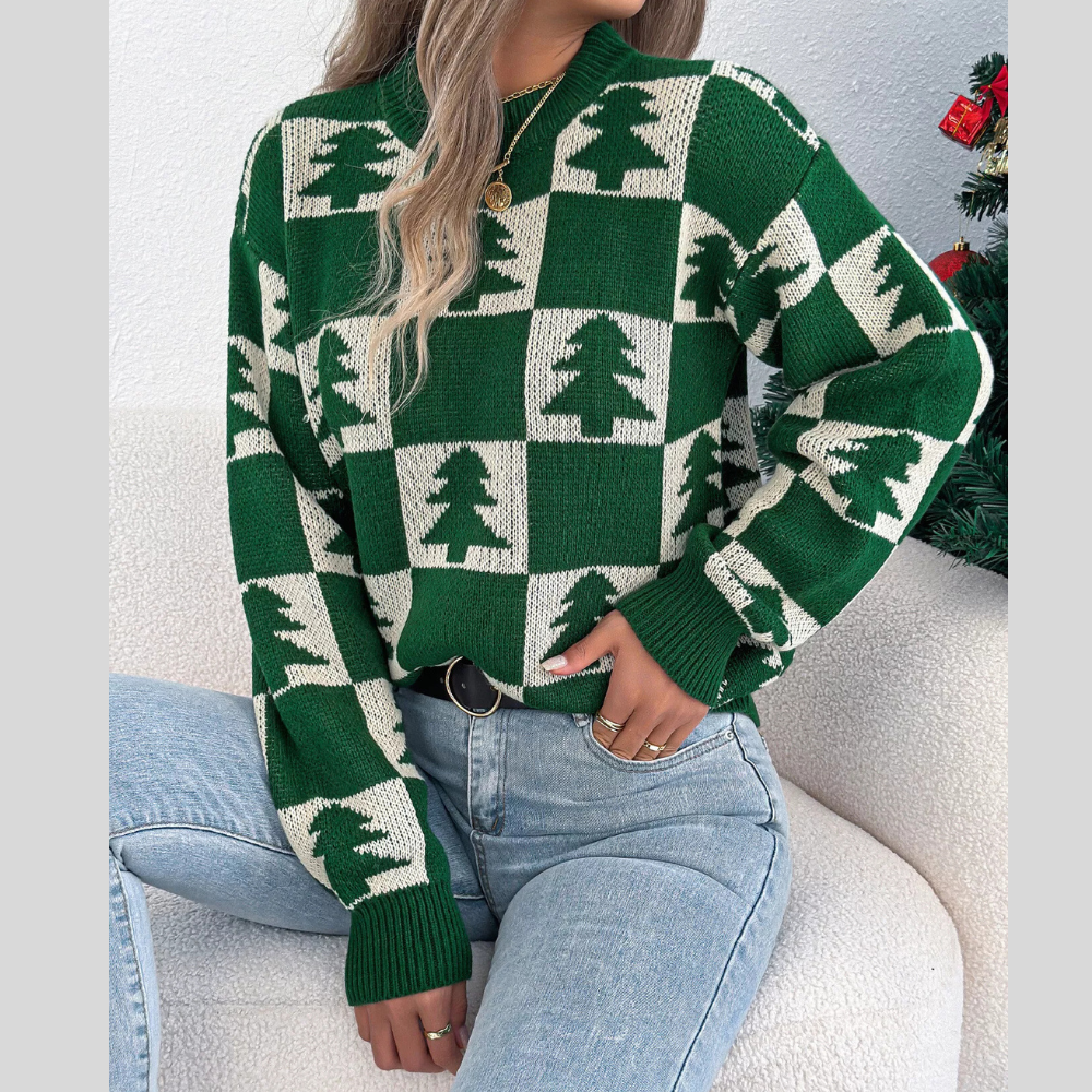 Christmas Tree Checkerboard Pattern Sweater