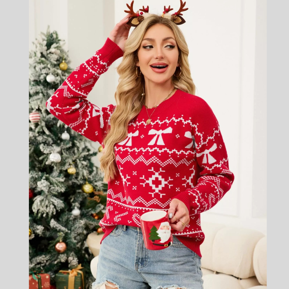 Christmas Bow Round Neck Sweater