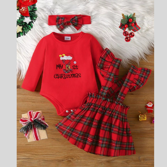 Children's First Christmas Bodysuit and Plaid Dress Outfit Set with Headband