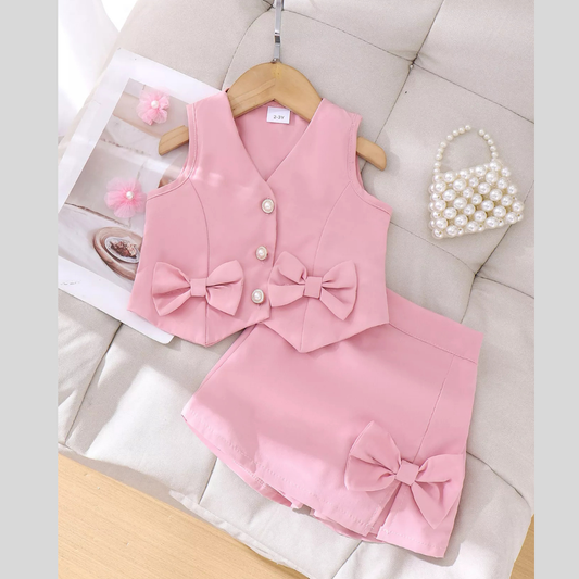 Children's Bow Button Up Vest and Skirt Set