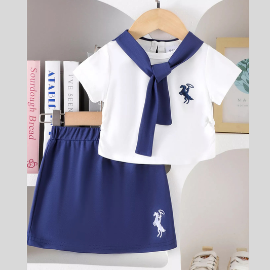 Children's Sailor Collar Embroidered Tee and Skirt Set