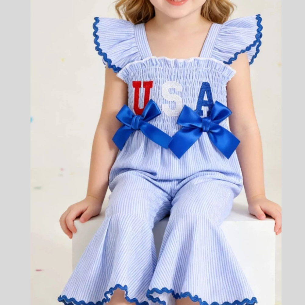 Children's USA Themed Ruffled Sleeve Smocked Jumpsuit
