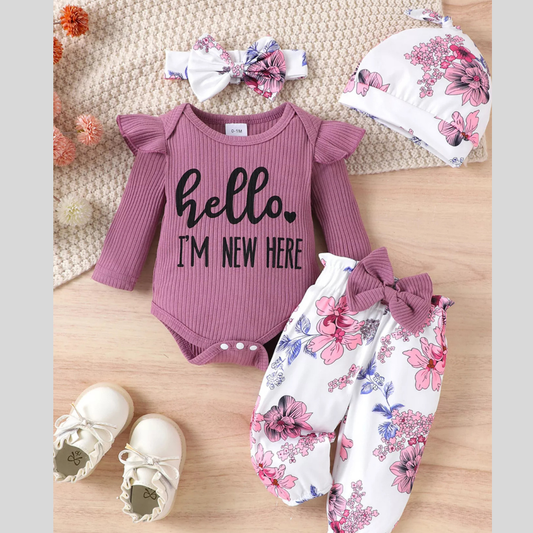 Children's Letter Ribbed Bodysuit and Pants Set with Headband & Hat