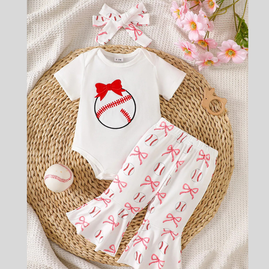 Children's Baseball Short Sleeve Bodysuit and Bow Pants Set with Headband