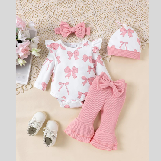 Children's Bow Print Bodysuit and Pants Set with Headband