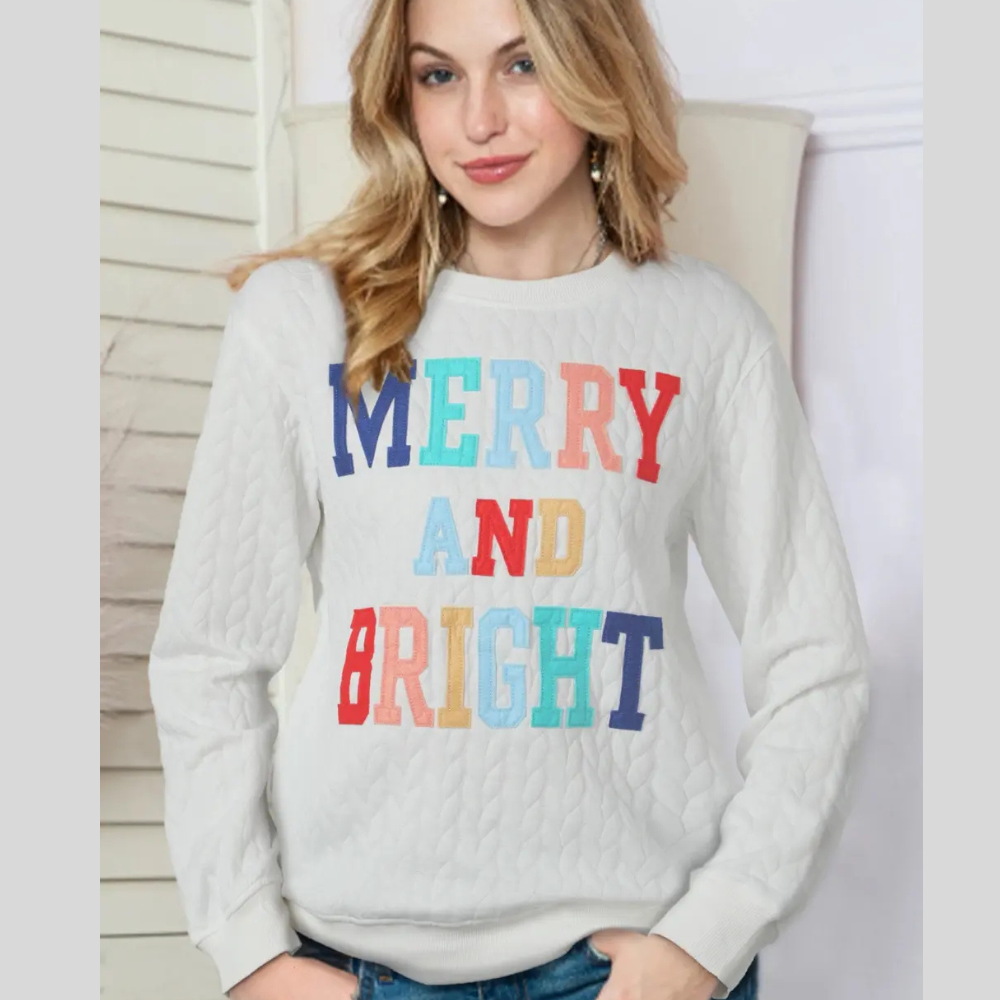 Full Size MERRY AND BRIGHT Cable Knit Pullover Sweatshirt