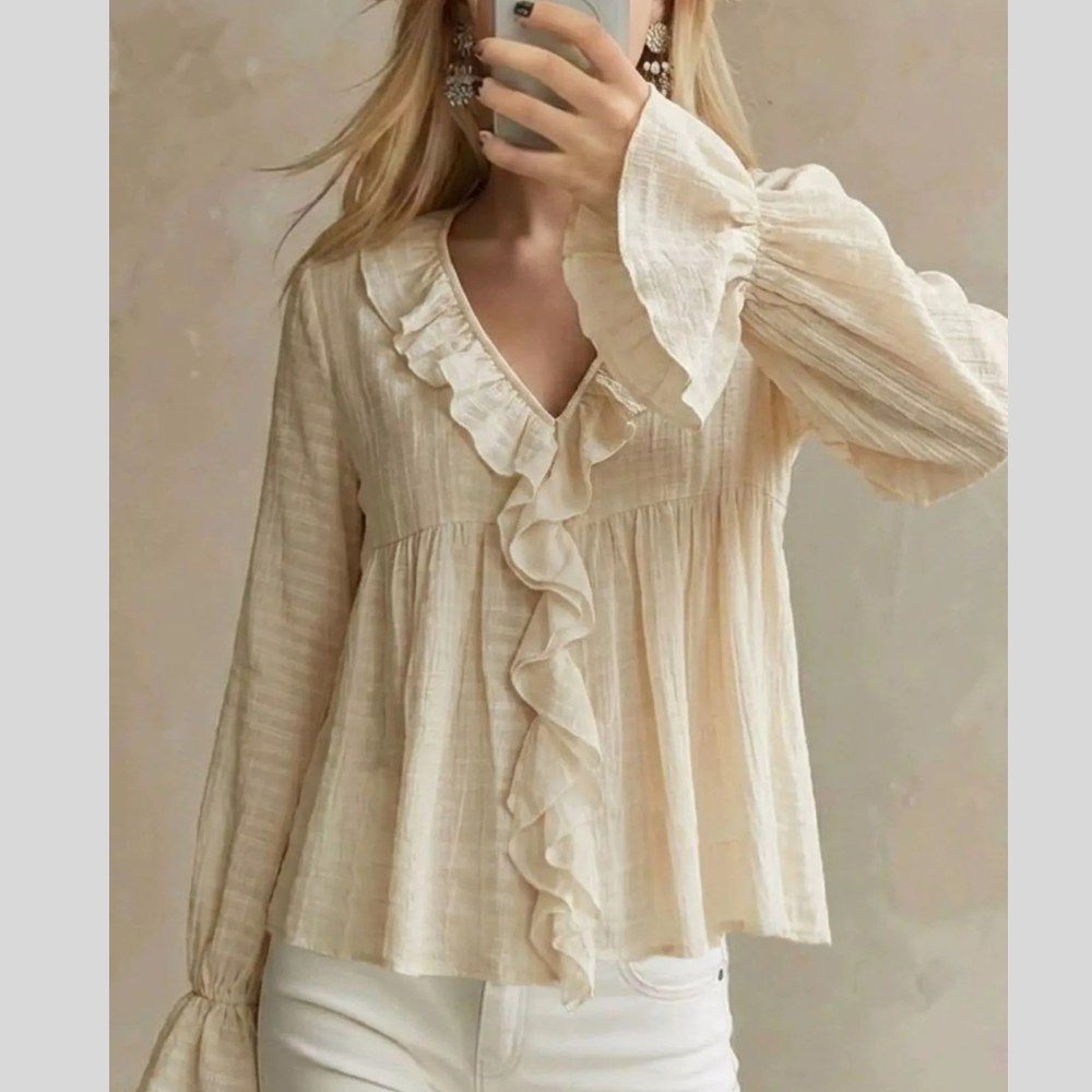 Ruffled V-Neck Flounce Sleeve Blouse