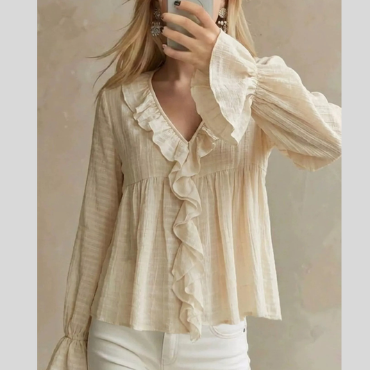 Ruffled V-Neck Flounce Sleeve Blouse