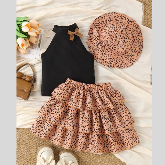 Children's Halter Top and Leopard Print Ruffled Skirt Set with Hat