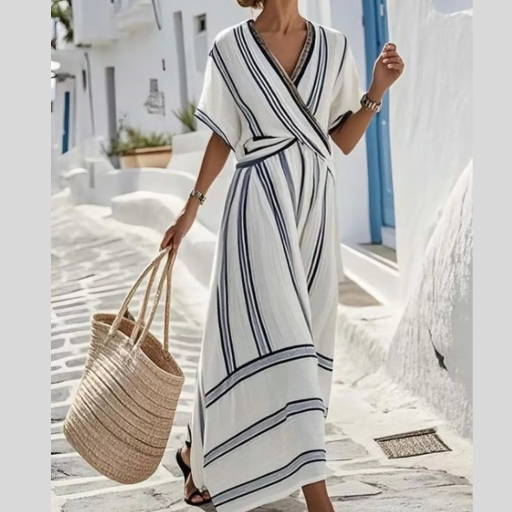 Full Size Striped Short Sleeve Wrap Maxi Dress Plus Size