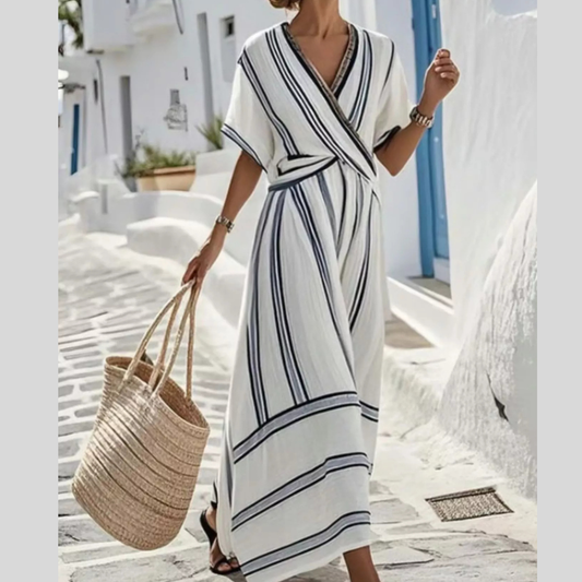 Full Size Striped Short Sleeve Wrap Maxi Dress Plus Size