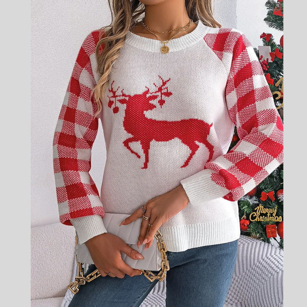 Reindeer Plaid Round Neck Long Sleeve Sweater