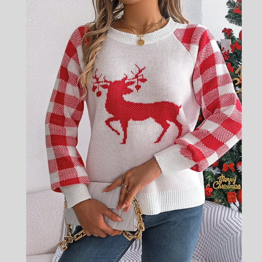 Reindeer Plaid Round Neck Long Sleeve Sweater