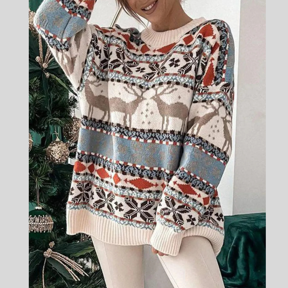 Geometric Round Neck Dropped Shoulder Casual Sweater