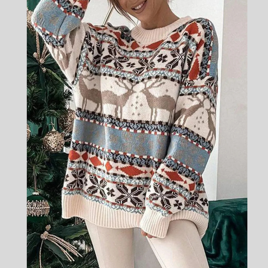 Geometric Round Neck Dropped Shoulder Casual Sweater