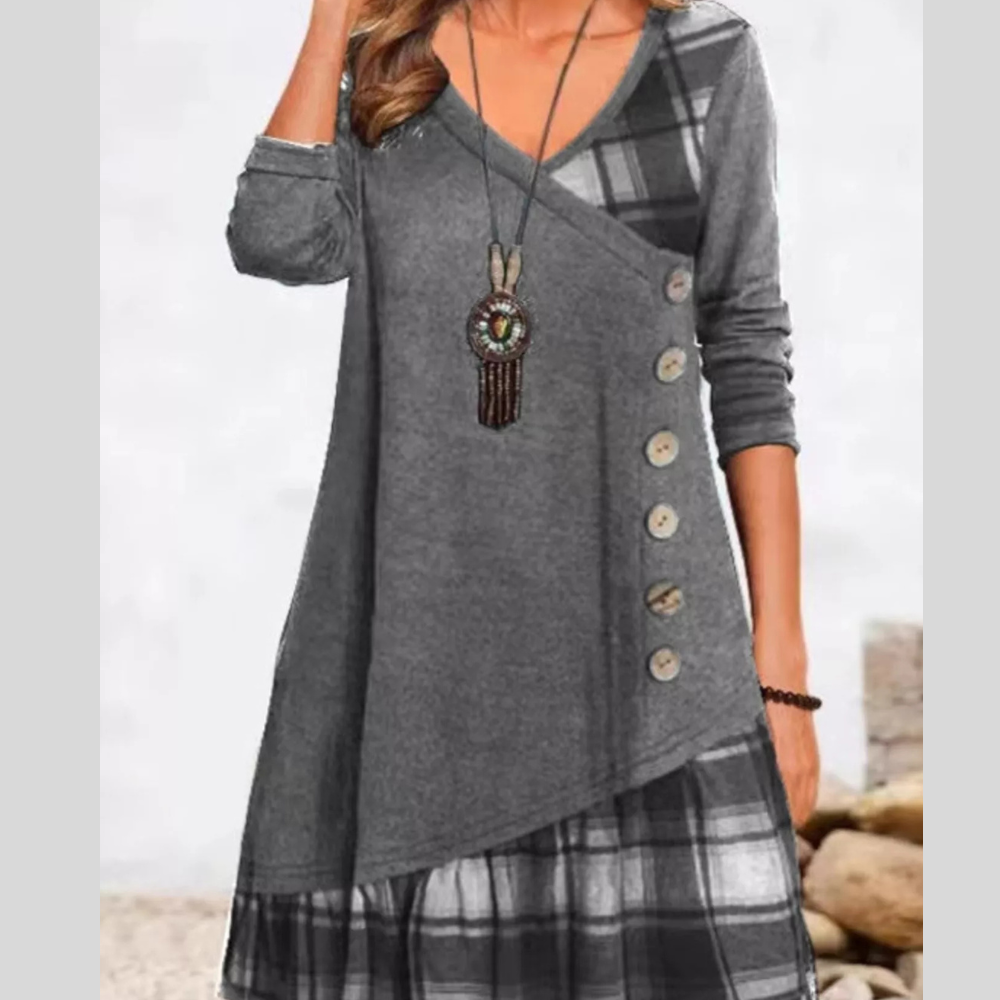 Full Size Asymmetrical Plaid Patchwork Long Sleeve Dress Plus Size