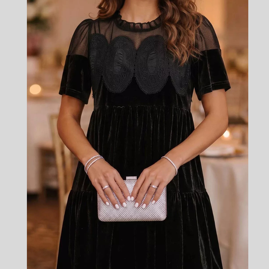 Embroidered Velvet Short Sleeve Mini Shift Dress