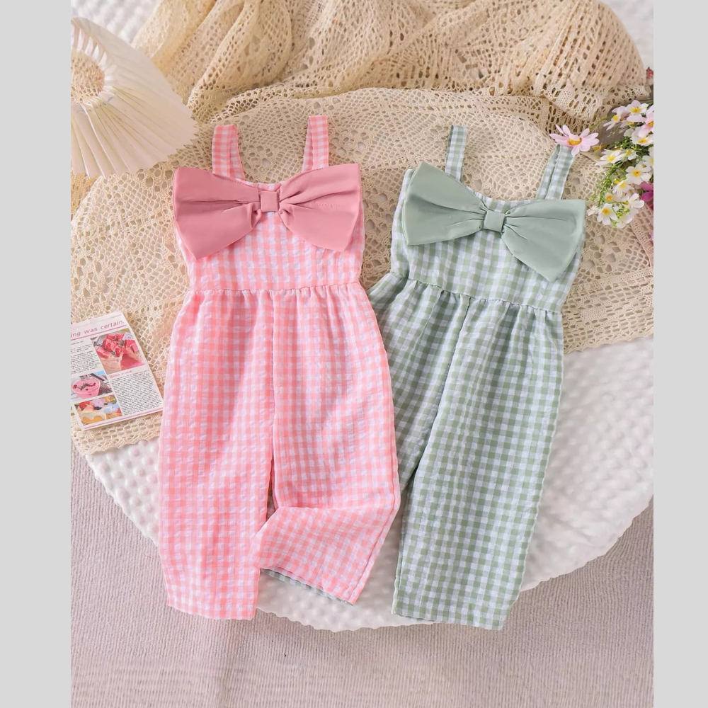 Children's Bow Plaid Wide Strap Jumpsuit