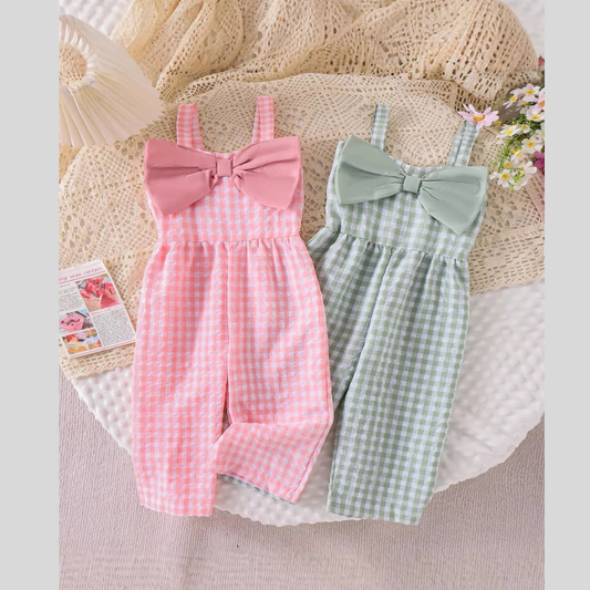 Children's Bow Plaid Wide Strap Jumpsuit