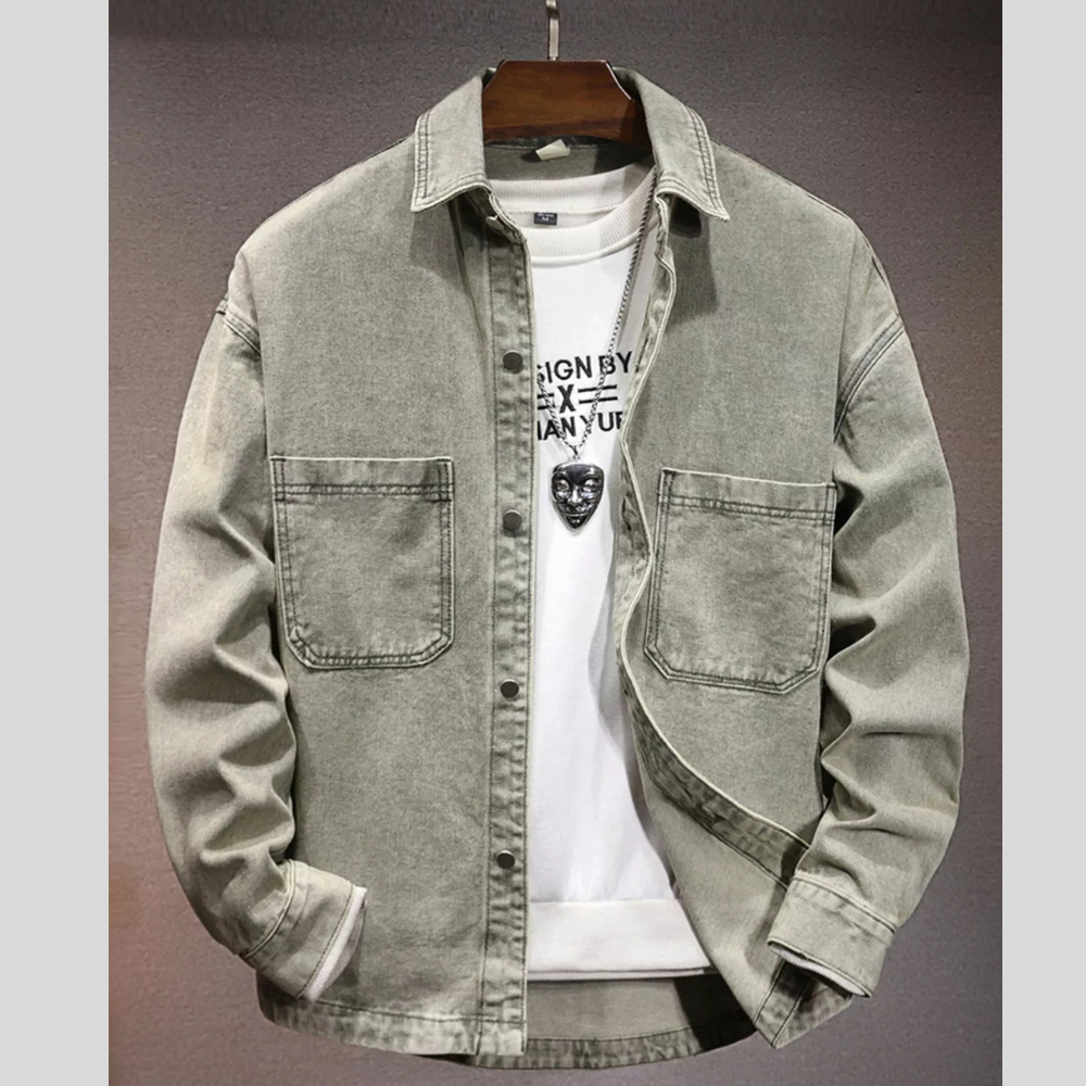 Men's Plus Size Vintage Washed Denim Shirt with Dual Chest Pockets