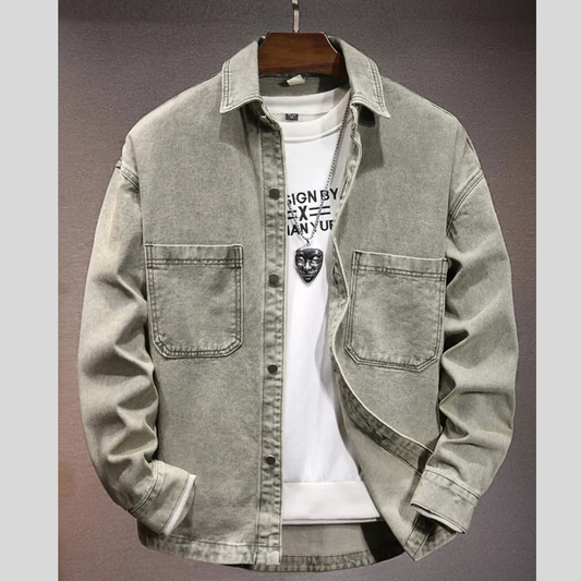 Men's Plus Size Vintage Washed Denim Shirt with Dual Chest Pockets