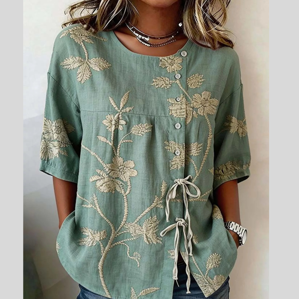 Full Size Embroidered Floral Tie Front Shirt Plus Size