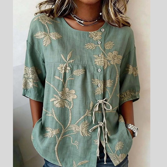 Full Size Embroidered Floral Tie Front Shirt Plus Size